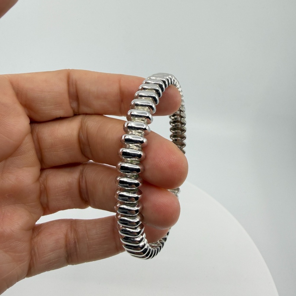 Y2K Silver Tone Ribbed Chunky Bracelet - Modern Minimalist Stacking